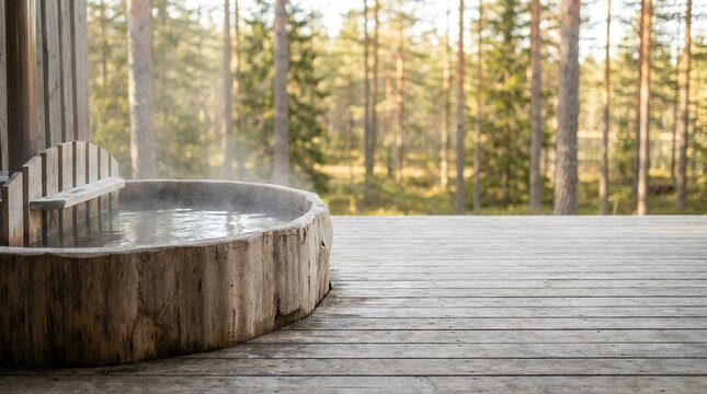 An outdoor hot tub or massage bath on a wooden terrace evoking the design of a country vacation spot in Finland for a lifestyle concept outdoor hot tub Wooden terrace with massage bath Outdoor hot