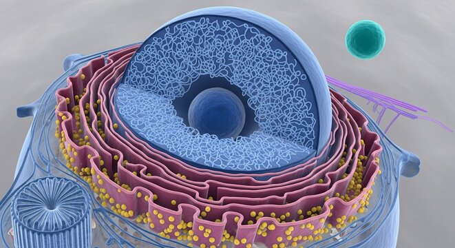 3D render of a cell nucleus showing endoplasmic reticulum and ribosomes nucleolus and chromosomes