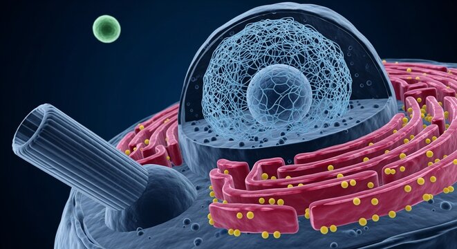 3D render of a cell nucleus with endoplasmic reticulum and centriole scientific visualization