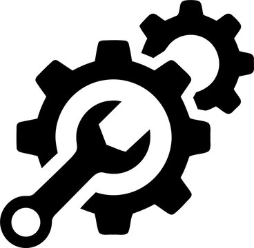 Black wrench and gear icon for mechanical repair service isolated on transparent background
