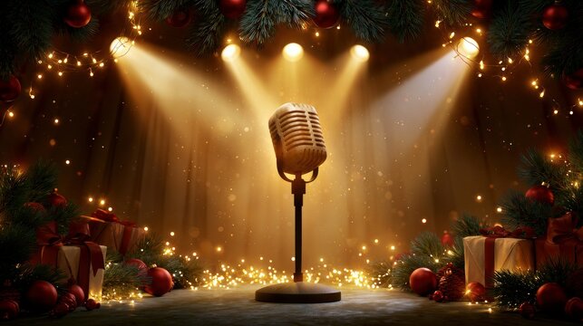 Classic Vocal Spotlight Amid Christmas Ornaments and Gifts
