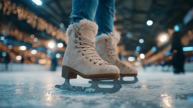 Close-Up of Ice Skates on Frozen Rink with Festive Winter Lights