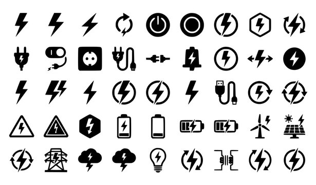 Flat vector lightning bolt icon set with power plug battery socket USB charging and renewable energy symbols collection