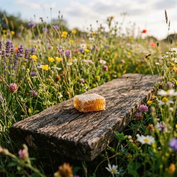 Honeycomb piece on weathered wood in summer flower field
