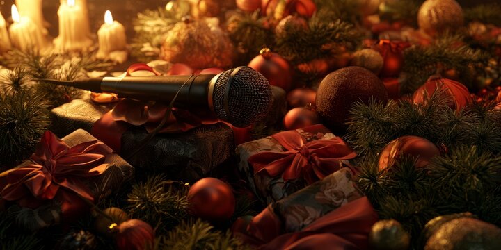 Cheerful Elderly Pair Singing Together Beside Decorated Tree