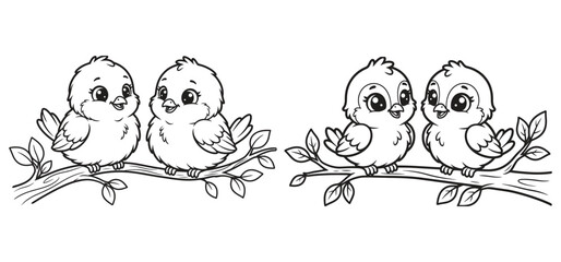 Two pairs of cute little cartoon birds sitting together on tree branches in a coloring page style isolated on transparent background