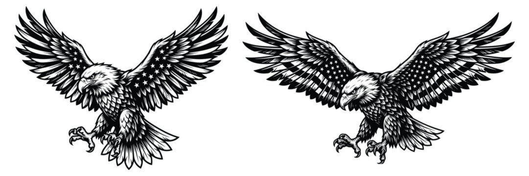 Two bald eagles with american flag wings flying in a detailed black and white vintage style isolated on transparent background
