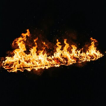 Horizontal line of fire and flames on black.