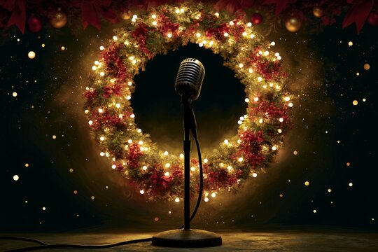 Retro Karaoke Microphone Before Glowing Christmas Wreath