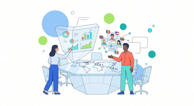 Global Business Strategy and Data Analytics Concept with People Using Futuristic Hologram Interface Vector Illustration