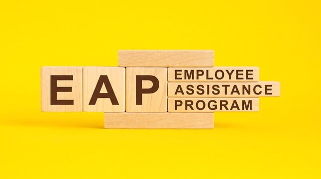 Employee Assistance Program EAP acronym on wooden blocks, workplace mental health and wellness concept, corporate HR support services on yellow background