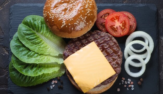 Top-down macro view of deconstructed cheeseburger ingredients featuring a grilled beef patty, sesame bun, lettuce, tomatoes, and onions on a dark slate.