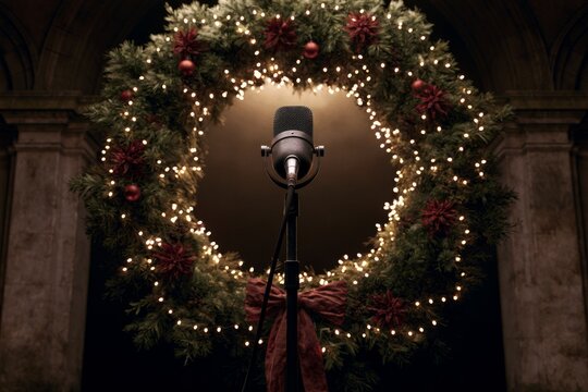 Classic Vocal Microphone Framed by Festive Evergreen Garland