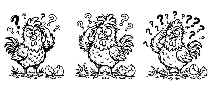 Set of funny cartoon chickens looking confused with question marks above their heads sketch isolated on transparent background