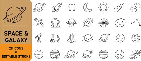 A set of 28 space & galaxy outline icons © Dipika