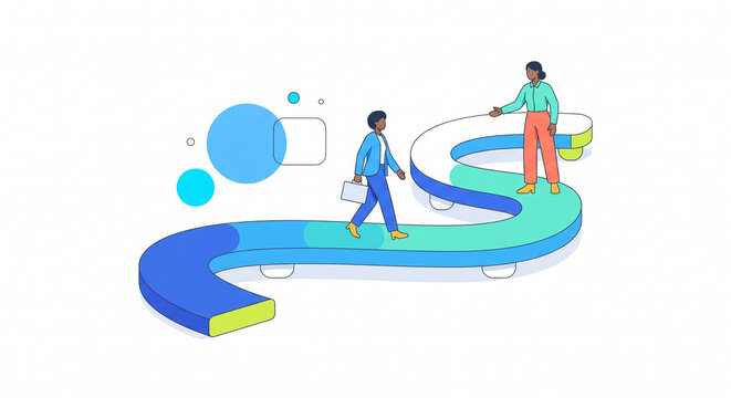 Business Roadmap and Career Journey Concept with People Walking on Winding Path Vector Illustration