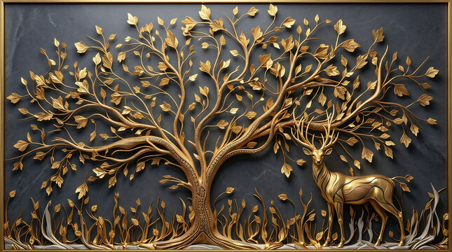 Luxury Golden Tree of Life with Deer Metal Wall Art on Dark Stone Background