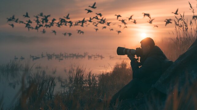 Wildlife photographer using a telephoto lens in a misty wetland