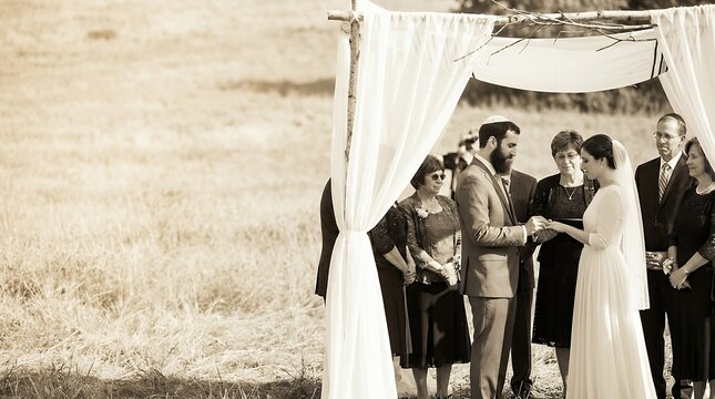 A beautiful and traditional Jewish wedding ceremony taking place outdoors in the summer. The image captures the key elements of the celebration likely including the chuppah (wedding canopy) the