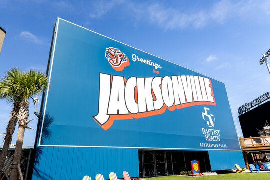 Jacksonville, FL, USA - May 15, 2026: Greetings from Jacksonville sign at VyStar Ballpark, home of the minor league Jacksonville Jumbo Shrimp, located in downtown Jacksonville.