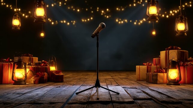 Rustic Christmas Karaoke Stage with Lanterns and Gifts
