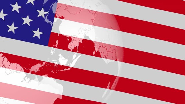 A dynamic visual of the American flag serving as a background with a rotating, translucent world globe centered on the Americas. Suitable for global business, patriotism, or geopolitical themes.