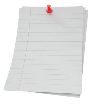 Stack of Lined Paper Pinned: A close-up shot of a stack of ruled notebook paper pages, secured by a red pushpin against a clean backdrop, ideal for notes or reminders.