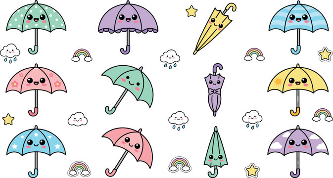 Cute Kawaii Umbrella Vector Illustration Set with Rain Cloud, Rainbow, and Star Icons in Colorful Pastel Cartoon Design