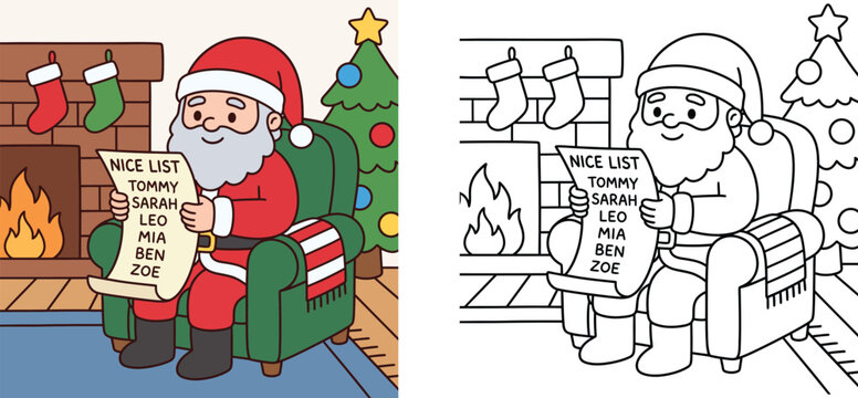 Cute Santa Claus Holding Nice List by Fireplace and Christmas Tree Coloring Page and Colored Vector Illustration Set