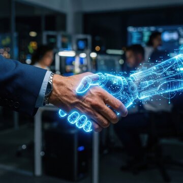Human and robotic hands shaking.