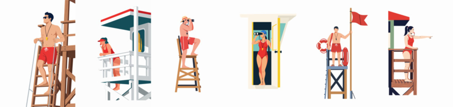 Set of vector illustrations featuring male and female lifeguards on duty at various beach watchtowers, monitoring safety with binoculars and flags.