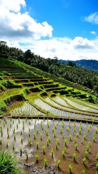 Green terraced rice paddies on tropical hillsides