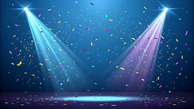 Festive celebration background with confetti. Stage spotlights shining on party floor.