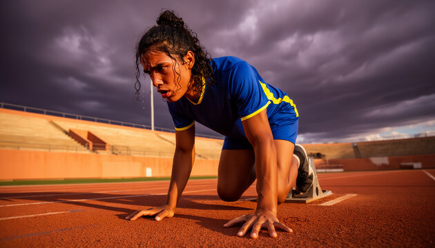 Determined young sprinter crouching intensely on stadium track starting blocks preparing for a race under a dramatic dark stormy sky showcasing athletic focus