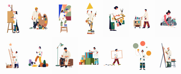 Fototapeta premium Collection of diverse artists creating art, painting on canvases, murals, and unconventional surfaces in various creative ways, flat vector illustration set.
