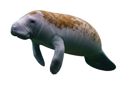 A cute grey manatee swimming slowly in the deep blue ocean water isolated on transparent background