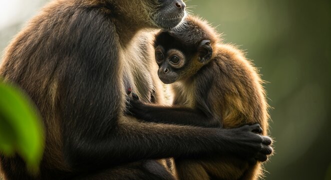 Baby spider monkey clinging to mother's chest, tender moment, soft backlight