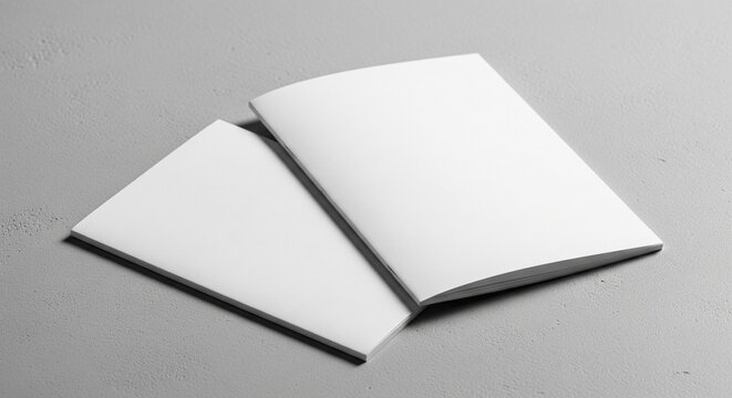 Two open blank brochures or catalogs with white pages on a textured gray concrete background, minimalist product mockups