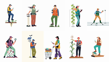 Fototapeta premium Collection of smart agriculture professionals using advanced technology for precision farming, environmental monitoring, and sustainable crop management.