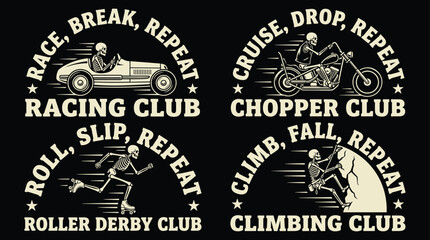 Set of four skeleton club emblems featuring racing, chopper motorcycles, roller derby, and rock climbing © Rasida