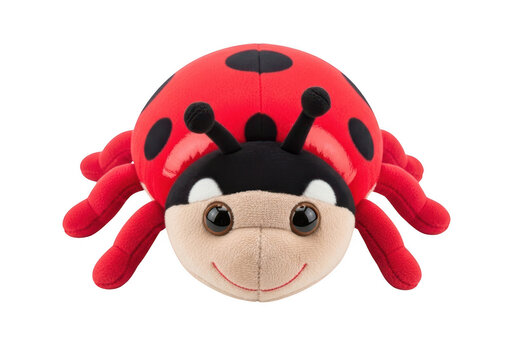 A cute red ladybug plush toy with black spots and soft fabric on a flat view isolated on transparent background