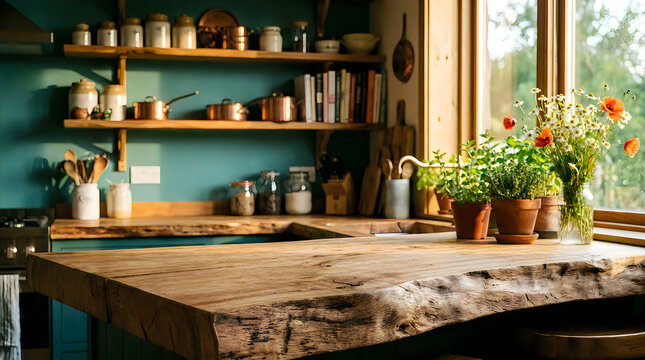 Cozy rustic kitchen interior with a natural live edge wooden countertop and sunlight streaming through the window