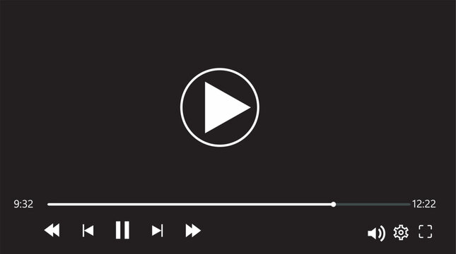 Modern video player interface with play button progress bar and media control icons on a dark background