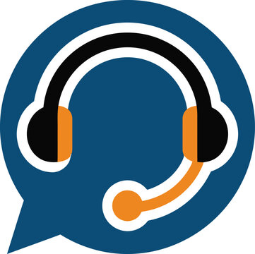 Business customer support service symbol with headset icon inside speech bubble representing communication and help desk assistance logo