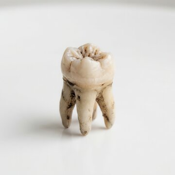 Human molar tooth with roots isolated on white.