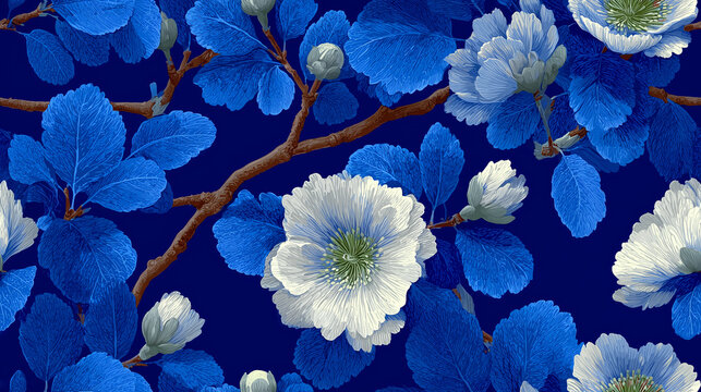 Seamless pattern, bold navy floral illustration featuring blooming flowers