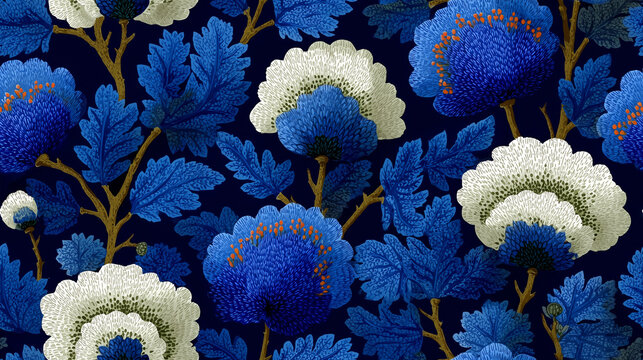 Seamless pattern, bold navy floral illustration featuring blooming flowers