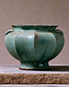 Symmetrical song celadon ritual vessel placed on bluestone platform, plain minimalist shape, side light outlining smooth silhouette, song imperial ritual aesthetic, commercial asset for brand, exhibit