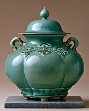 Symmetrical song celadon ritual vessel placed on bluestone platform, plain minimalist shape, side light outlining smooth silhouette, song imperial ritual aesthetic, commercial asset for brand, exhibit
