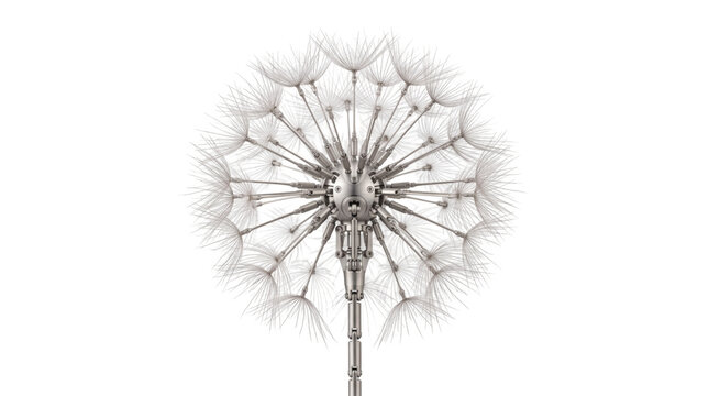 Close-up detailed view of a delicate dandelion seed head against a clean white background, showcasing its intricate natural structure and feathery pappus.